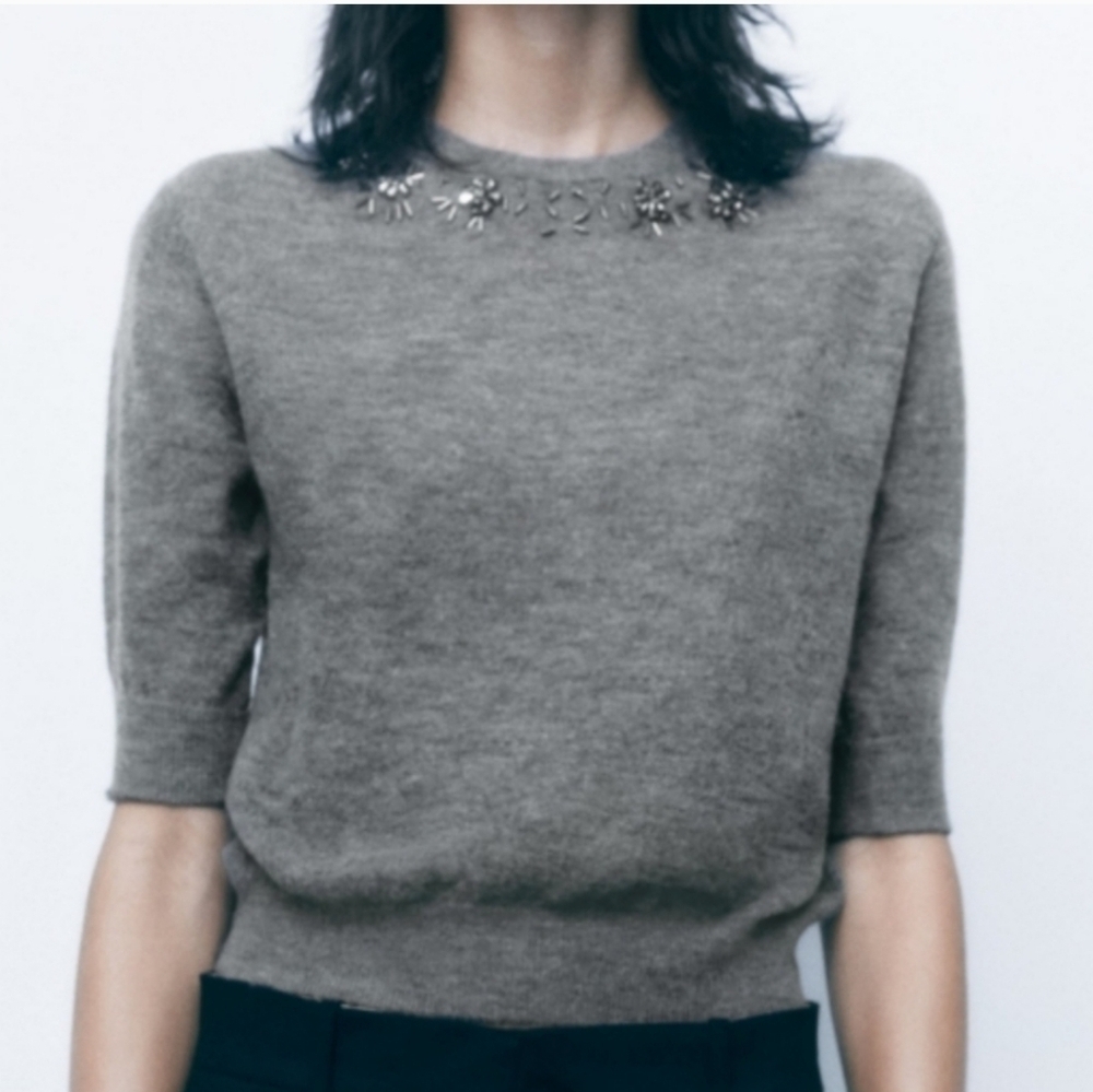 Zara Gray Crew Neck Sweater with Embellishments